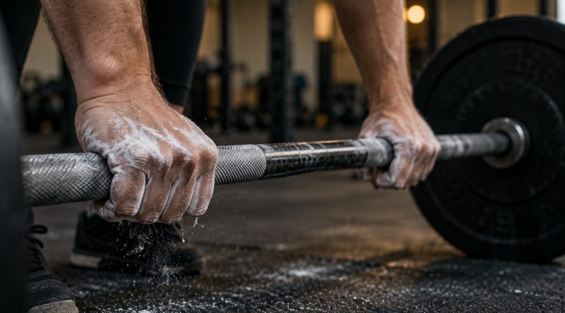 Handen met krijt grijpen een barbell vast