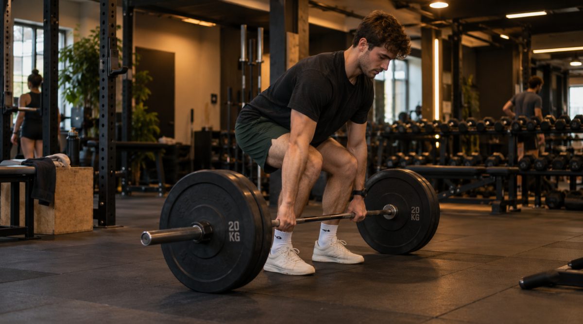 Een sporter doet een deadlift in een donkere gym met warm licht
