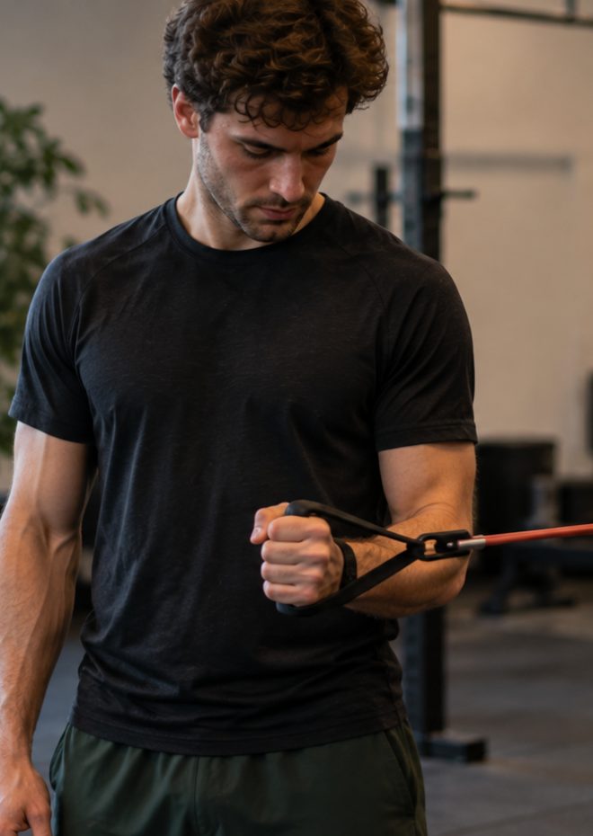 Een sporter traint zijn schouder met een weerstandsband in de gym
