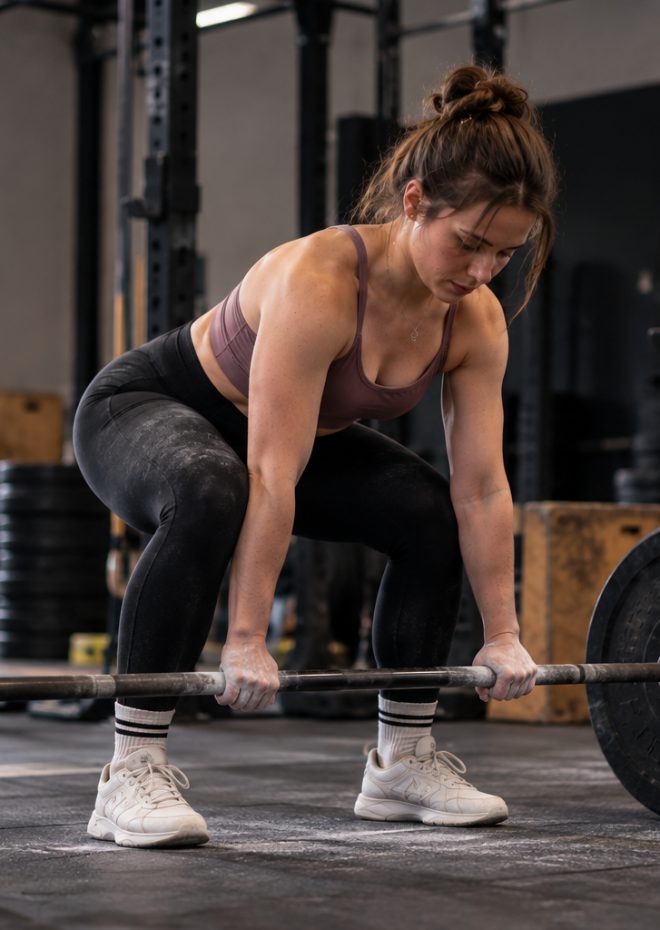 Een sporter met krijt op de handen maakt zich klaar voor een zware deadlift