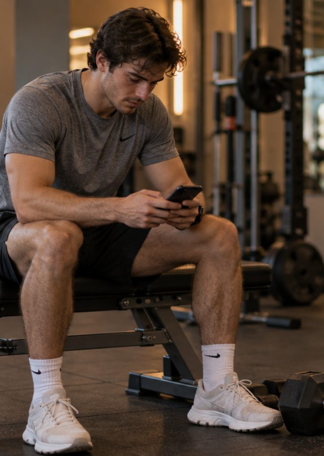 Een sporter op een bank in de gym bekijkt zijn week op de telefoon